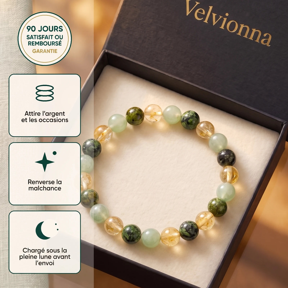Bracelet d'abondance Velvionna dans son écrin cadeau